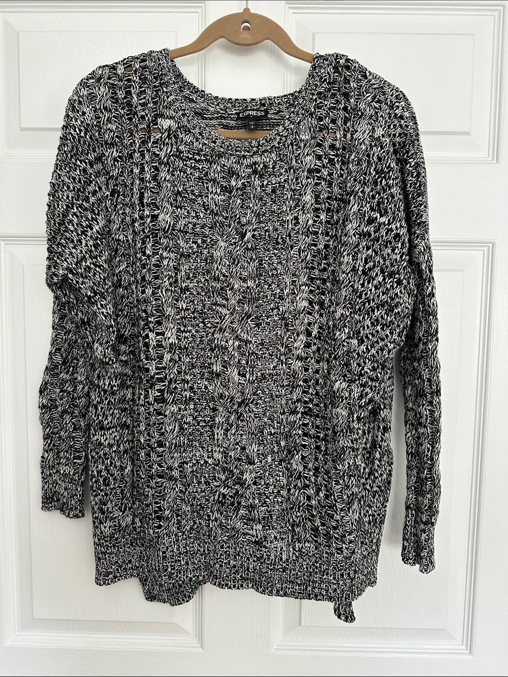 Express Black & White Marled Cable Crewneck Sweater